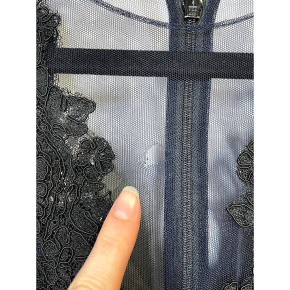 THEIA Illusion Neck Lace Trim Long Evening Gown Deep Midnight Size 4 $1200 - Picture 7 of 9